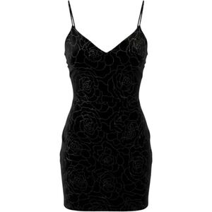 Black Velvet Dress Womens Small Glitter‎ Rose Bodycon Mini Spaghetti Strappy LBD